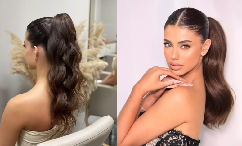 Rabo de cavalo volumoso com divisão ao meio, penteado prático para eventos.