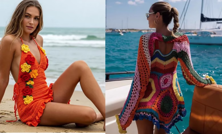 Modelo de saída de praia de crochê com flores coloridas e estilo boho, ideal para o verão.