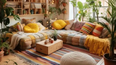 Sala boho chic com crochê, plantas e decoração artesanal colorida