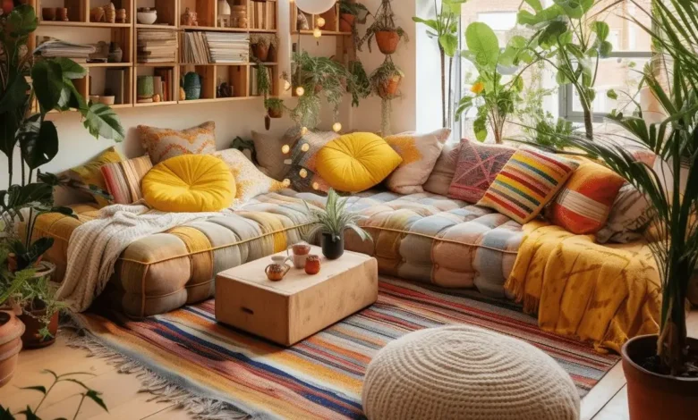 Sala boho chic com crochê, plantas e decoração artesanal colorida