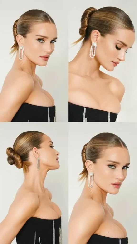 Penteado sleek hair com coque baixo, penteado elegante e sofisticado.