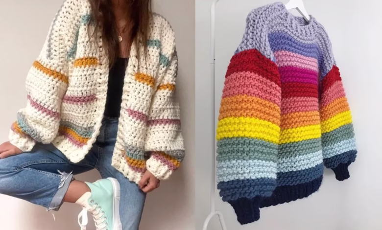 Suéter de crochê colorido com pontos simples, peça quentinha e estilosa para o inverno.