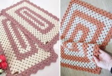 Imagem de tapete retangular de crochê em tons de rosa e bege, com um design fácil e indicado para iniciantes.