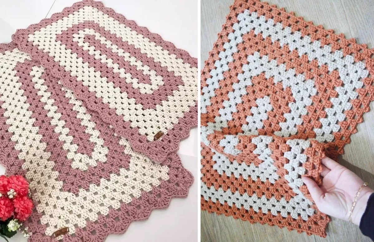Imagem de tapete retangular de crochê em tons de rosa e bege, com um design fácil e indicado para iniciantes.