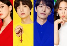 Quatro atores de doramas coreanos com expressões variadas, representando a diversidade de personagens em comédias românticas.