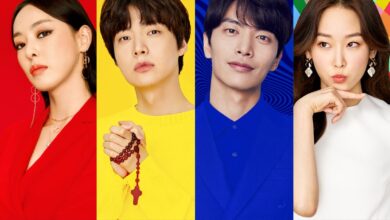 Quatro atores de doramas coreanos com expressões variadas, representando a diversidade de personagens em comédias românticas.