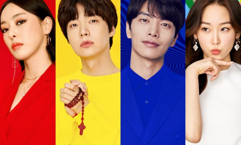 Quatro atores de doramas coreanos com expressões variadas, representando a diversidade de personagens em comédias românticas.