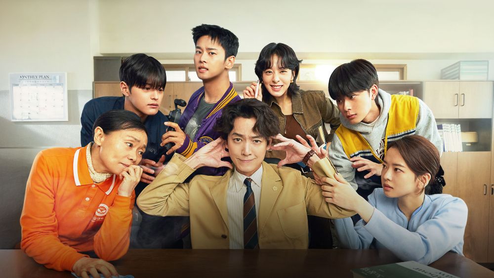 elenco principal do dorama 'Meus Clientes Fantasmas' em uma cena promocional, com o protagonista em pose cômica, cercado pelos outros personagens da série.