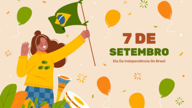 Ilustração celebrando o Dia da Independência do Brasil com uma pessoa agitando a bandeira e balões, representando o desfile de 7 de setembro.