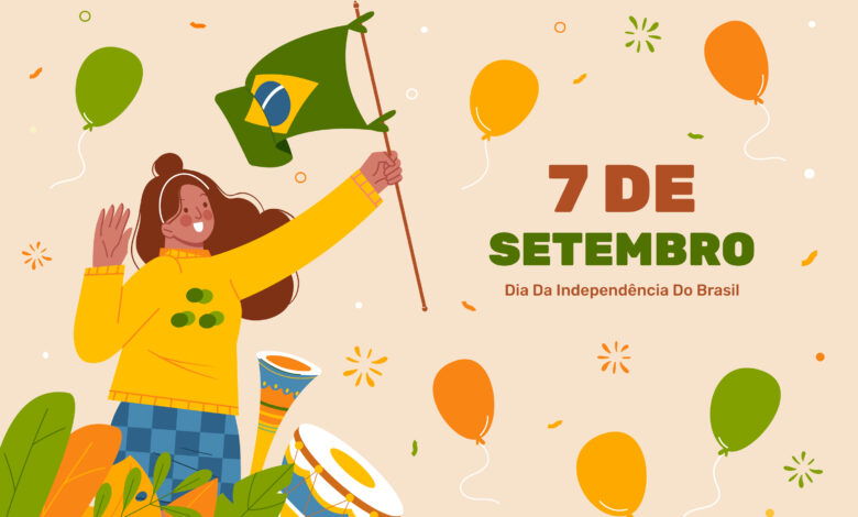 Ilustração celebrando o Dia da Independência do Brasil com uma pessoa agitando a bandeira e balões, representando o desfile de 7 de setembro.