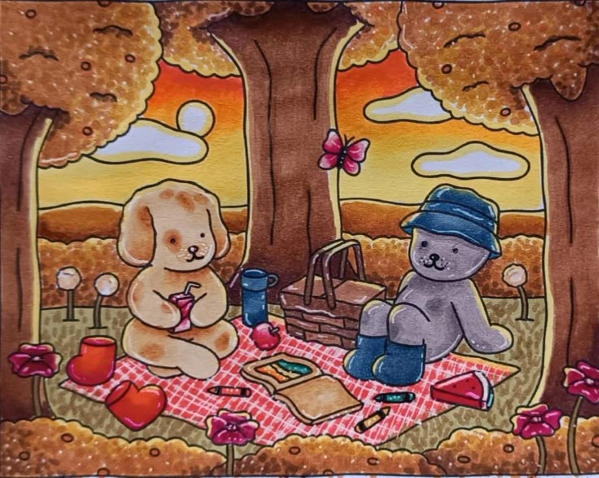 Ilustração de ursinhos de pelúcia fazendo um piquenique de outono sob árvores, com uma cesta e comida em uma toalha xadrez.