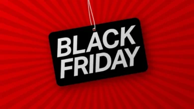 Cartão de promoção para Black Friday 2025, com fundo vermelho e texto destacado.