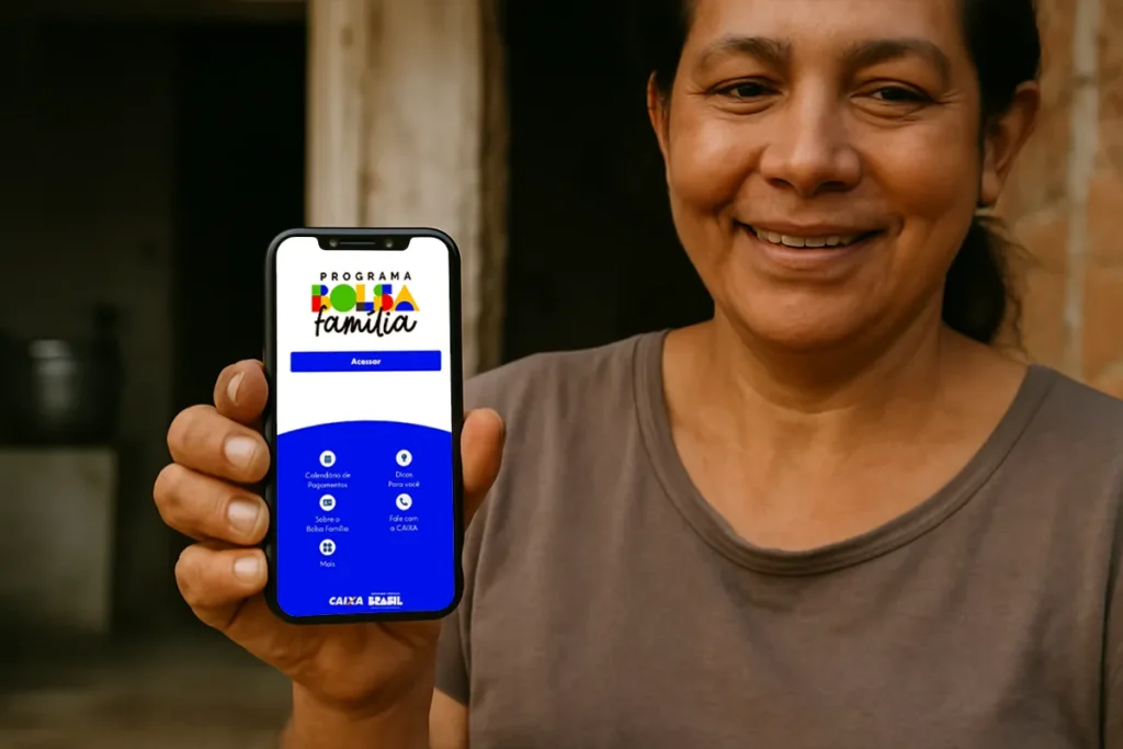 Pessoa segurando smartphone com tela do aplicativo Bolsa Família, exibindo informações sobre o programa.