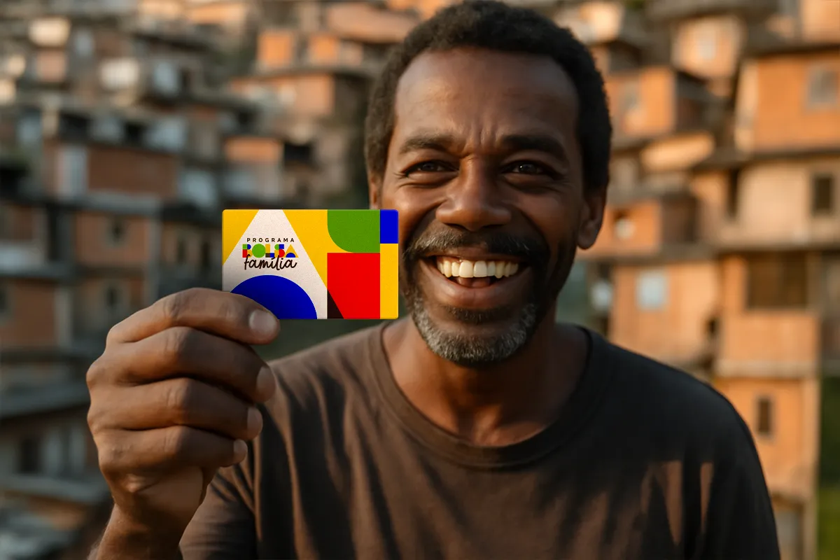 Homem adulto sorrindo em frente a uma comunidade carente, exibindo o cartão do Programa Bolsa Família, simbolizando o cumprimento dos critérios de elegibilidade.