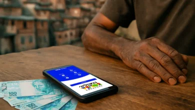 Pessoa visualizando o aplicativo Bolsa Família em um celular, com notas de 100 reais ao lado.