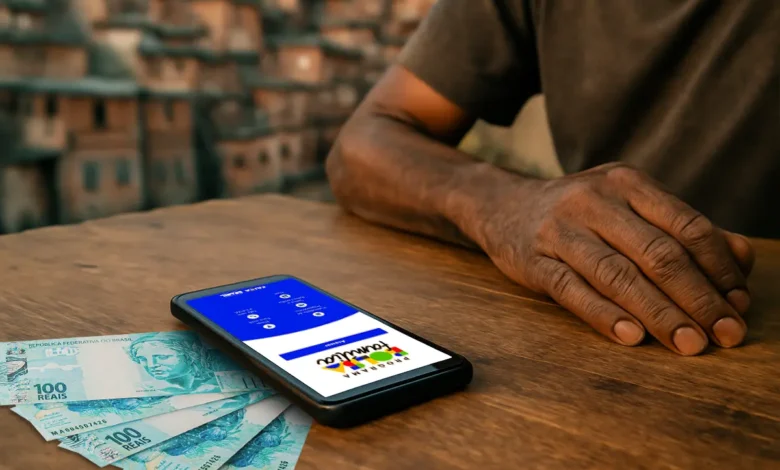 Pessoa visualizando o aplicativo Bolsa Família em um celular, com notas de 100 reais ao lado.