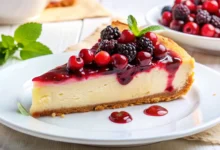 Fatia de cheesecake cremoso de 3 ingredientes coberto com calda de frutas vermelhas.