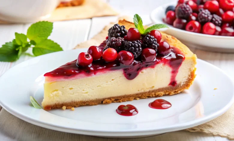 Fatia de cheesecake cremoso de 3 ingredientes coberto com calda de frutas vermelhas.