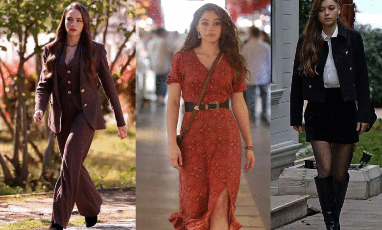 Colagem de três looks de novelas turcas, mostrando um terno marrom, um vestido floral vermelho e um conjunto com minissaia preta e jaqueta.