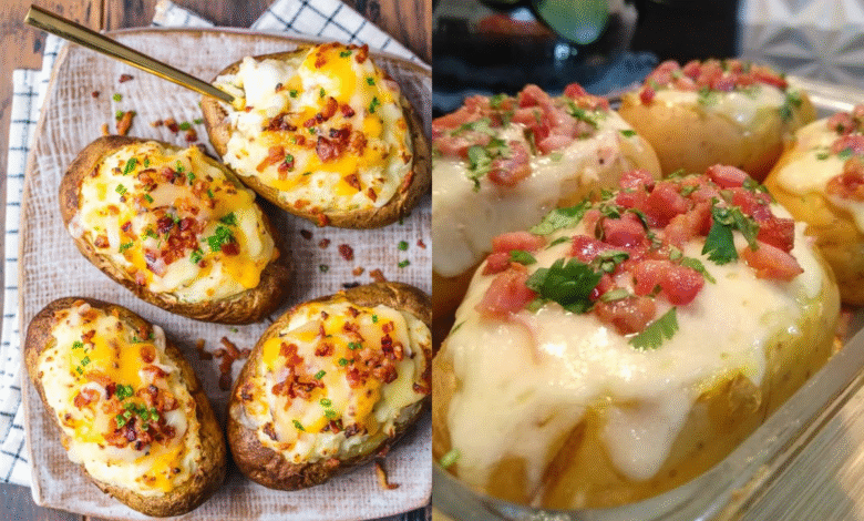 Duas imagens lado a lado de batatas assadas e recheadas. À esquerda, quatro batatas abertas com recheio cremoso, queijo derretido e bacon crocante, servidas em uma tábua de madeira. À direita, um close-up de batatas recheadas com queijo e bacon, em uma assadeira.