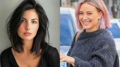 Corte bob médio moderno para cabelos escuros e corte de cabelo bob curto com mechas rosa, tendências de cortes de cabelo para a primavera.