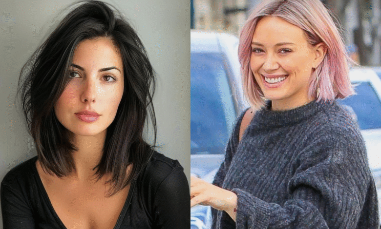 Corte bob médio moderno para cabelos escuros e corte de cabelo bob curto com mechas rosa, tendências de cortes de cabelo para a primavera.