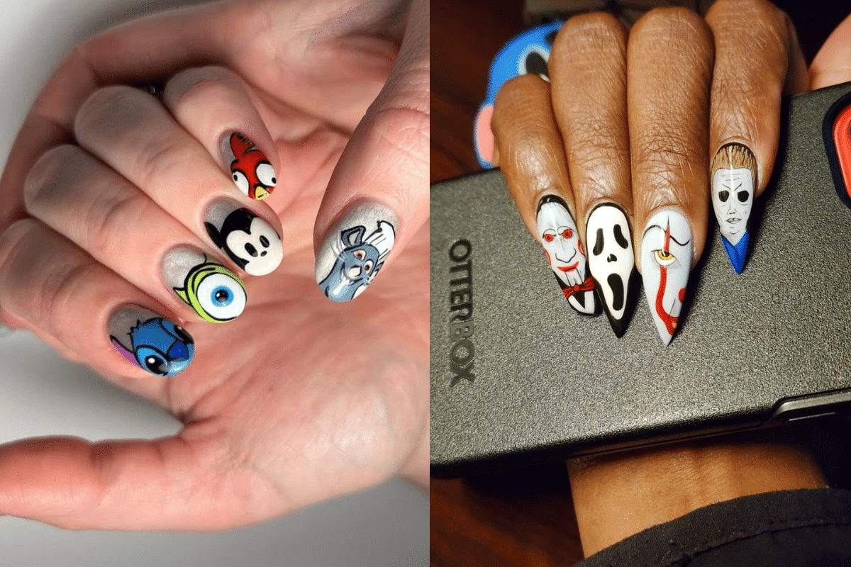 Montagem de duas fotos: na imagem da esquerda, unhas decoradas com personagens de animação, como o monstro Mike Wazowski de "Monstros S.A" e o alienígena Stitch. Na imagem da direita, unhas com personagens de filmes de terror, como o boneco de "Jogos Mortais", a máscara de "Pânico" e o assassino Michael Myers de "Halloween".