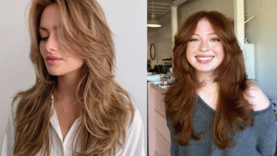 Montagem de duas fotos: na imagem da esquerda, uma mulher com cabelo loiro e com o corte em camadas "butterfly" e, na imagem da direita, uma mulher com cabelos ruivos e o mesmo corte.