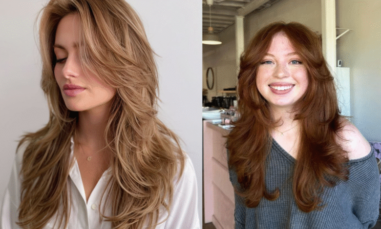 Montagem de duas fotos: na imagem da esquerda, uma mulher com cabelo loiro e com o corte em camadas "butterfly" e, na imagem da direita, uma mulher com cabelos ruivos e o mesmo corte.