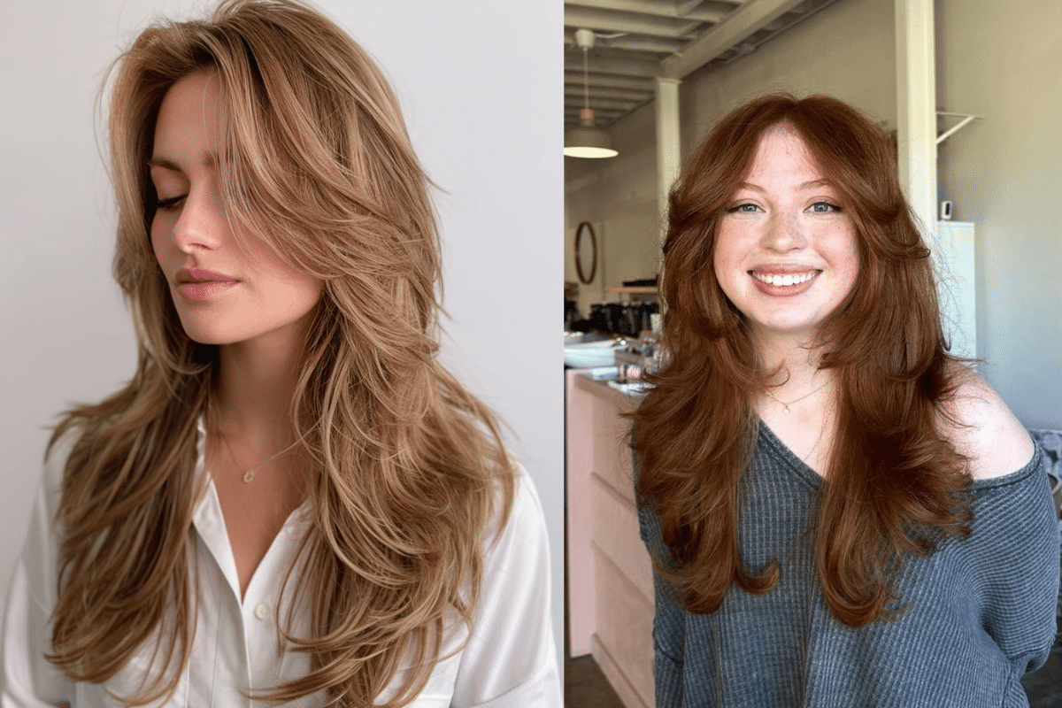 Montagem de duas fotos: na imagem da esquerda, uma mulher com cabelo loiro e com o corte em camadas "butterfly" e, na imagem da direita, uma mulher com cabelos ruivos e o mesmo corte.