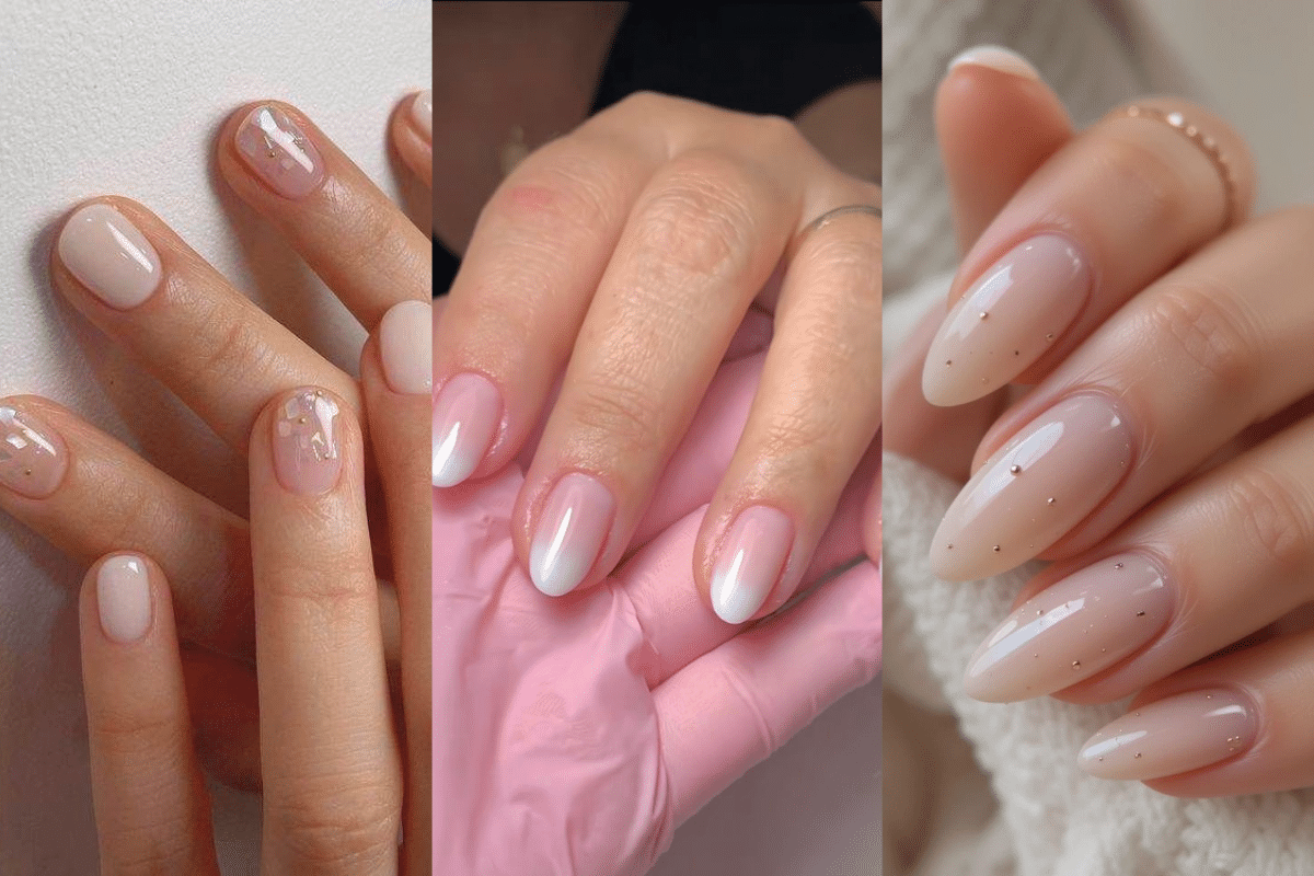 Colagem de três fotos mostrando unhas com nail art minimalista, incluindo designs com flocos iridescentes, pontas em degradê e pequenos detalhes dourados.