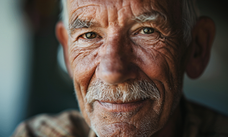 Retrato de um idoso feliz e de barba, simbolizando a comunidade 60+ e os benefícios de eventos de saúde e cidadania."