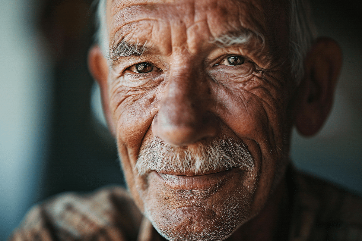 Retrato de um idoso feliz e de barba, simbolizando a comunidade 60+ e os benefícios de eventos de saúde e cidadania."