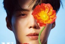 O ator coreano Kim Seon-ho em uma foto de capa de revista, com duas flores vermelhas cobrindo parte de seu rosto.