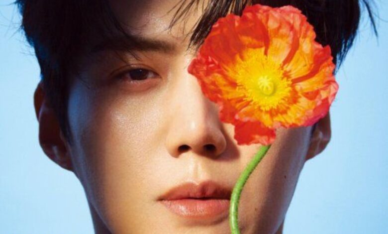O ator coreano Kim Seon-ho em uma foto de capa de revista, com duas flores vermelhas cobrindo parte de seu rosto.