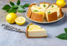 Deliciosa torta de limão com base de biscoito, decorada com raspas de limão e chantilly.