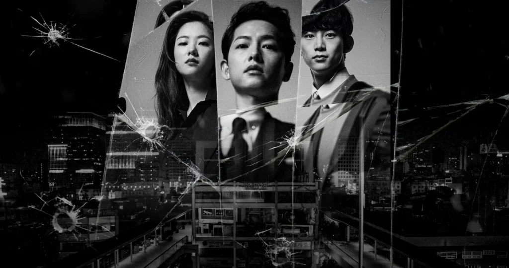 Cartaz do dorama Vincenzo, com os protagonistas em uma imagem em preto e branco com fundo urbano e estilhaços de vidro.