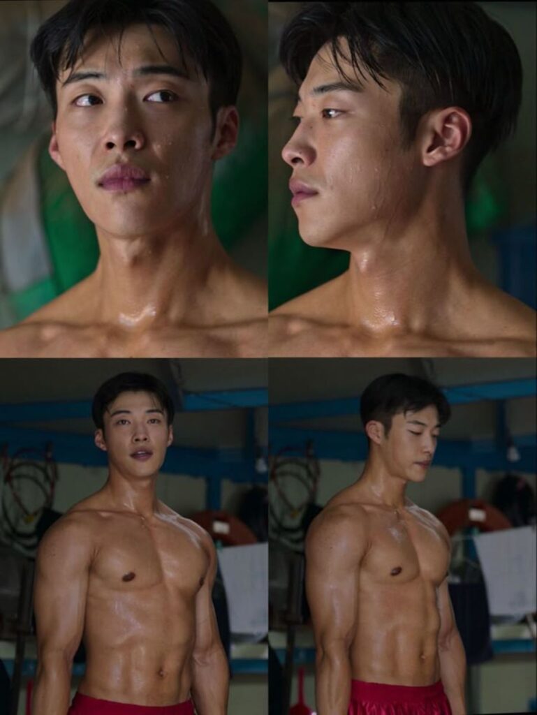 Woo Do-hwan, ator principal do dorama ‘Cães de Caça’, em uma colagem de quatro fotos mostrando seu físico atlético e o suor pós-treino.