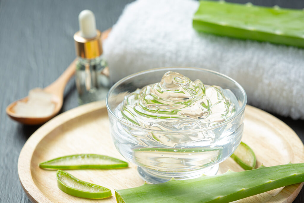 Uma tigela de vidro com gel de babosa transparente e espesso, com fatias das folhas da planta ao redor, sobre uma superfície escura.