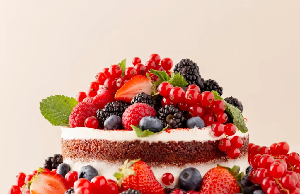 Bolo de frutas frescas decorado com morangos, framboesas, mirtilos e folhas de hortelã.