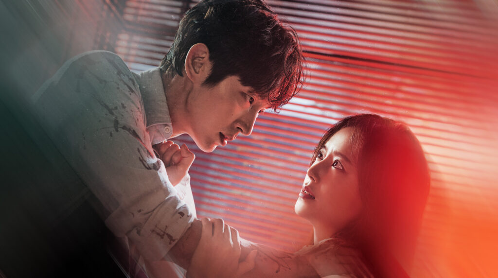 Flor do Mal: o dorama de romance e suspense. Atores coreanos Lee Joon-gi e Moon Chae-won em uma cena intensa do dorama Flor do Mal (Flower of Evil).