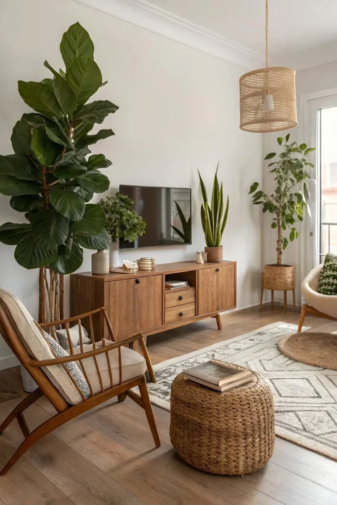 Sala de estar com elementos naturais como plantas, madeira e fibras, criando um ambiente relaxante e aconchegante.