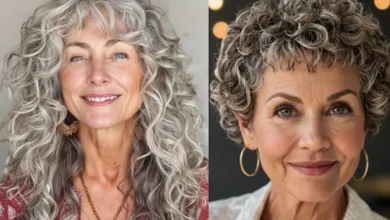 Mulher com cabelo cacheado usando franja, estilo moderno e leve, após os 50 anos.