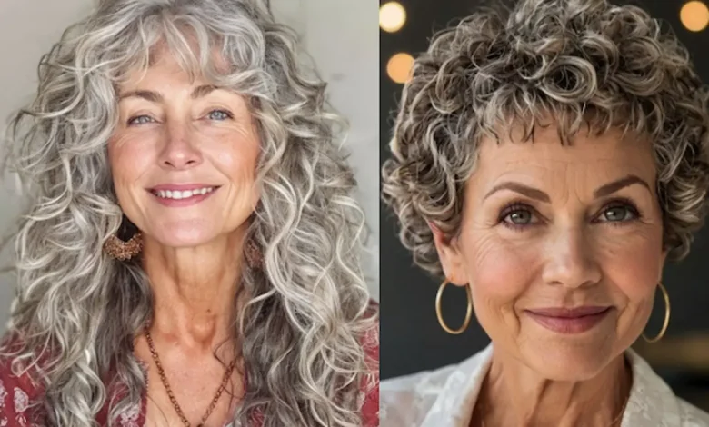 Mulher com cabelo cacheado usando franja, estilo moderno e leve, após os 50 anos.
