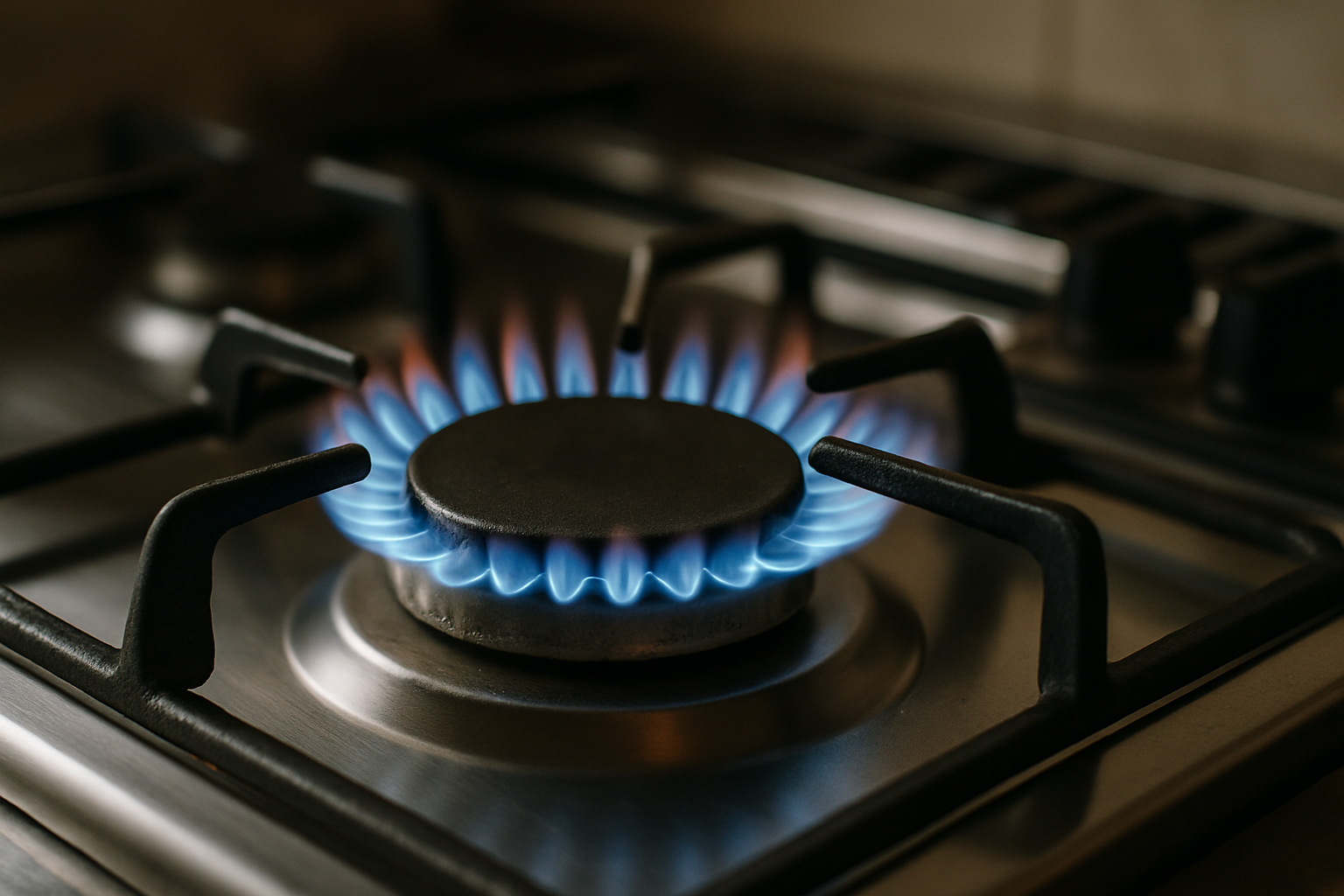 Fogão a gás com chama azul acesa para cozinha