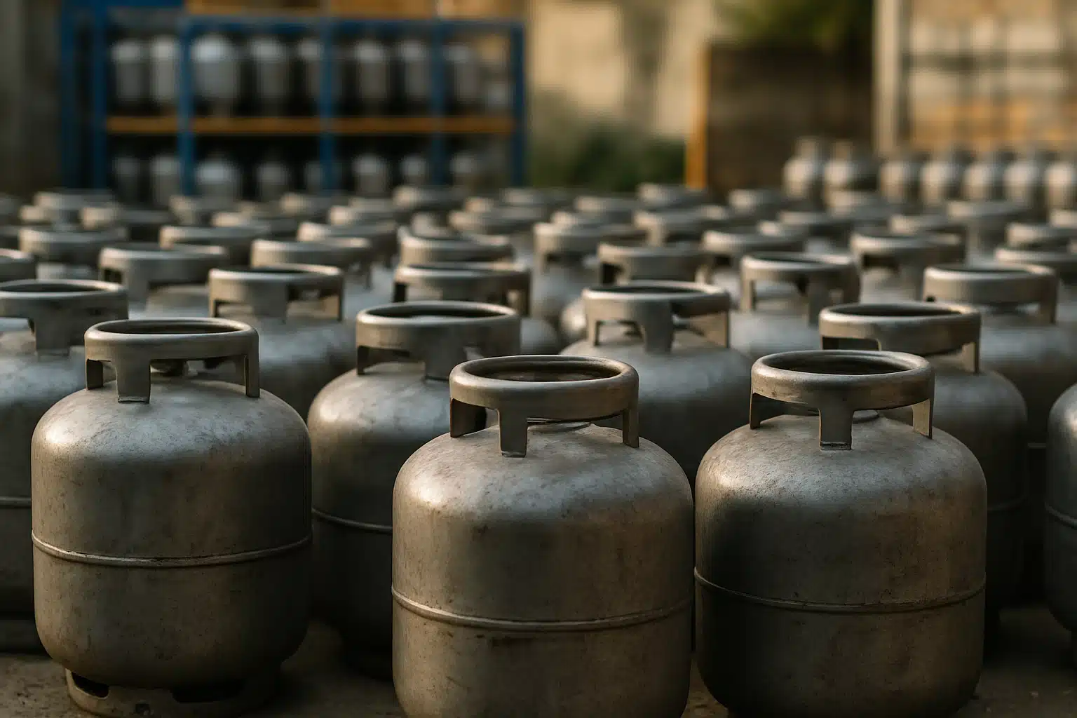 Botijões de gás organizados em área de armazenamento