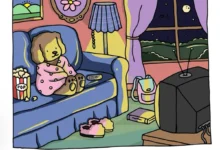 Desenho de uma pintura com tons de luz e profundidade, mostrando um cachorro relaxando em um sofá com uma TV ao fundo.