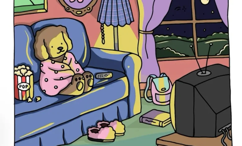 Desenho de uma pintura com tons de luz e profundidade, mostrando um cachorro relaxando em um sofá com uma TV ao fundo.