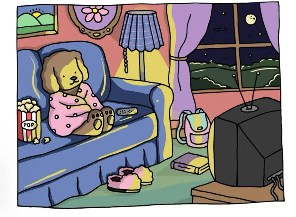 Desenho de uma pintura com tons de luz e profundidade, mostrando um cachorro relaxando em um sofá com uma TV ao fundo.