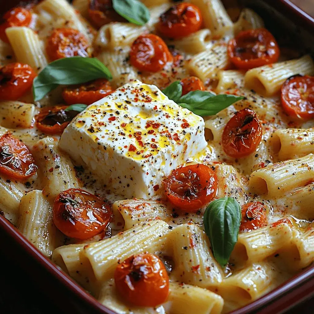 Macarrão com queijo feta e tomates assados Macarrão com queijo feta assado e tomates cereja, prato cremoso e saboroso
